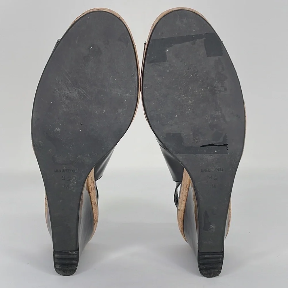 VAN ELI Wedge Heel Sandals Sling Back Open Toe Black Patent Leather Cork 9.5